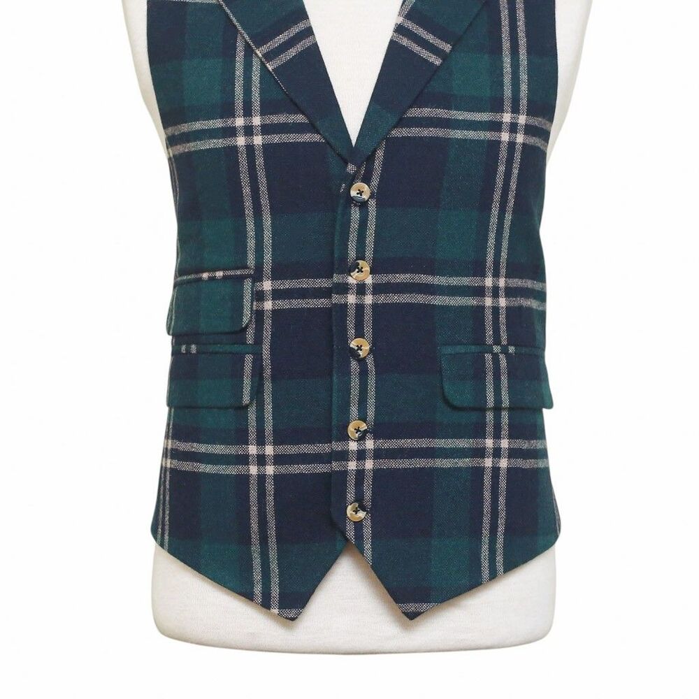 Mens Plaid Vest 44R Blue Green Beige Wool Waistcoat XL Western Casual Wedding - Picture 5 of 9